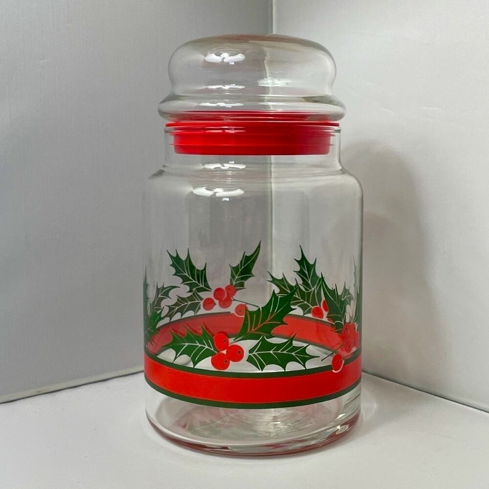 Christmas‎ Apothecary Jar Vintage Libbey Holly & Berries Glass Candy with Lid